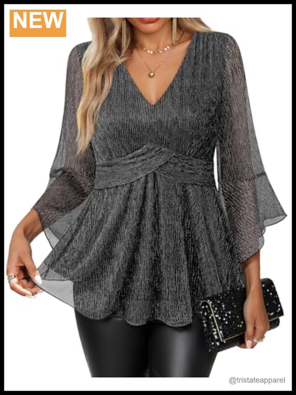 Women's Sparkly Sequin V-Neck Blouse with 3/4 Bell Sleeves - Party Top